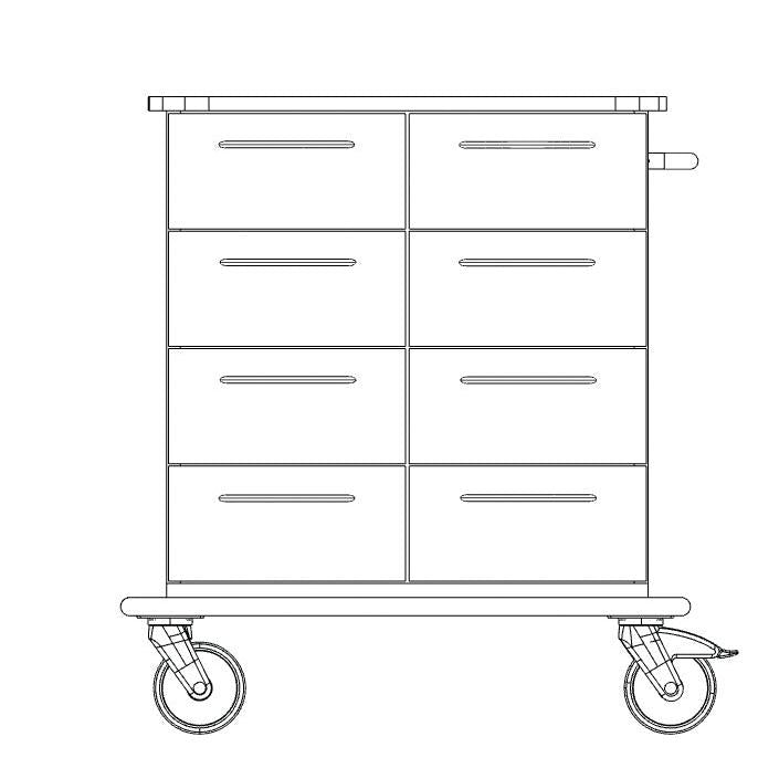 A black and white line drawing shows the Novocal care and work cart: a mobile cart with 8 drawers in 2 columns and 4 rows, large front wheels, small rear wheels, a handle on the right side, and a full plastic top. Brand: Novocal.