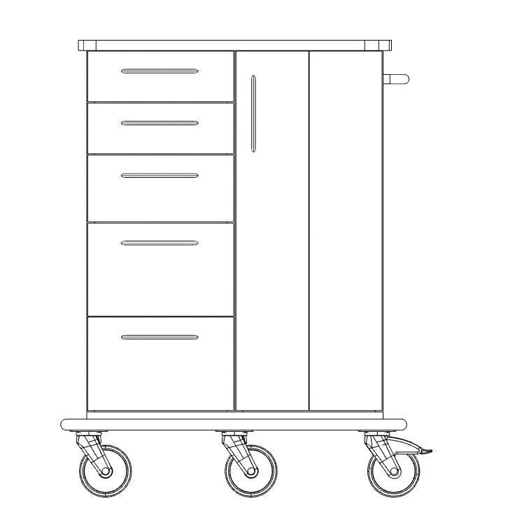 Line drawing of the Novocal care and work cart with a full plastic chassis, featuring four left drawers, a right vertical cabinet and handle, as well as four wheels on the bottom. With a horizontal handle on the right side. Brand: Novocal.