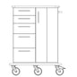 Line drawing of the Novocal care and work cart with a full plastic chassis, featuring four left drawers, a right vertical cabinet and handle, as well as four wheels on the bottom. With a horizontal handle on the right side. Brand: Novocal.