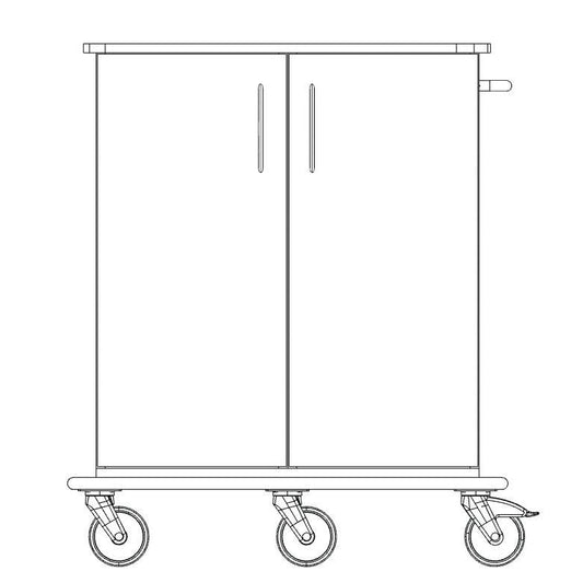 Eine Strichzeichnung des Novocal Pflege- und Arbeitswagen zeigt ein rechteckiges Fahrgestell mit zwei vertikalen Türen, vier Lenkrollen, einem seitlichen Griff und einer durchgehenden Vollkunststoffplatte für Stabilität und leichte Mobilität.