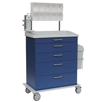 A Novocal care and work cart made of blue full plastic with four drawers, a flat plate, a transparent organizer above, a white side box, and four swivel casters.
