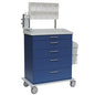 A Novocal care and work cart made of blue full plastic with four drawers, a flat plate, a transparent organizer above, a white side box, and four swivel casters.