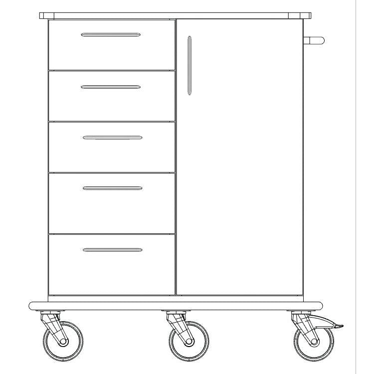 Line drawing of a Novocal care and work trolley: full plastic chassis with four left drawers, a right tall cabinet with a vertical handle, all on four swivel casters. Brand: Novocal. Package (1 piece).