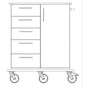 Line drawing of a Novocal care and work trolley: full plastic chassis with four left drawers, a right tall cabinet with a vertical handle, all on four swivel casters. Brand: Novocal. Package (1 piece).
