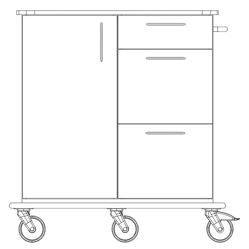 A line drawing of the Novocal care and work cart shows three drawers and a cabinet door on the left side. Four large swivel casters are attached to the robust full plastic plate base.