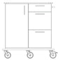 A line drawing of the Novocal care and work cart shows three drawers and a cabinet door on the left side. Four large swivel casters are attached to the robust full plastic plate base.