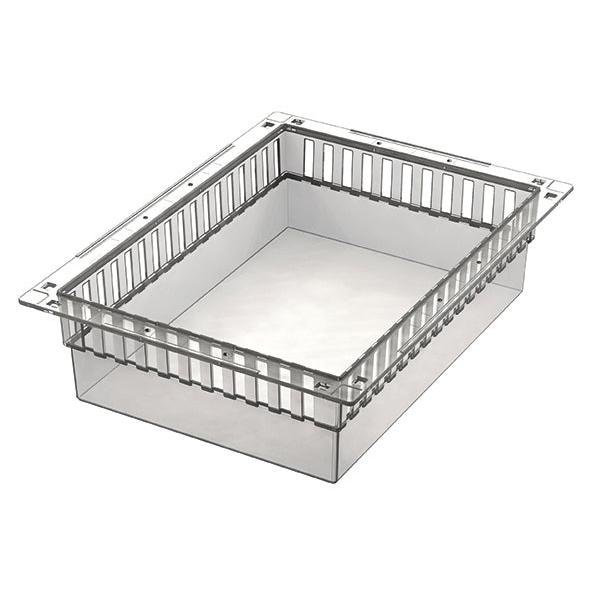 The Novocal PC module is a transparent, divisible, rectangular plastic container with slotted sides and a flat bottom, measuring 400 x 300 x 100 mm (WxDxH) including pull-out stops. Pull-out stops - perfect for PC storage and organization. Packaging: 1 piece.