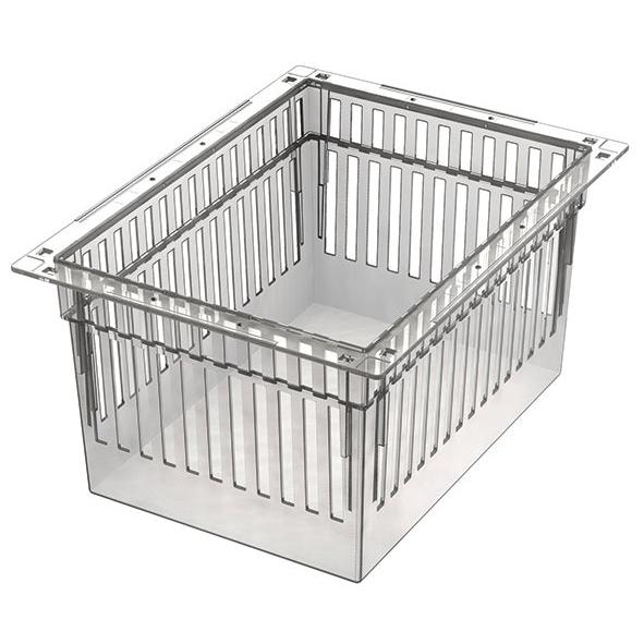 The Novocal PC module is a transparent, divisible storage container (400 x 300 x 200 mm) with a rectangular shape, vertical slots, and a wide rim at the top. Includes pull-out stops, ideal for modular applications.