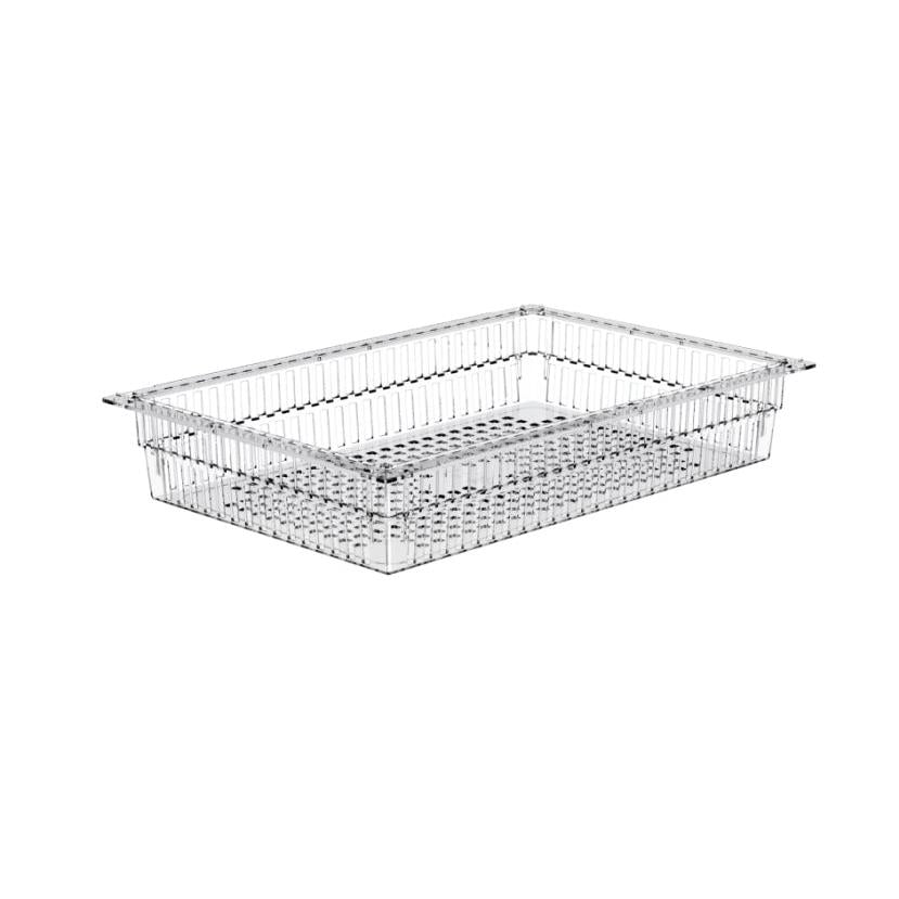 The Novocal PC basket transparent divisible (600 x 40 mm) is a clear, rectangular storage container with a perforated bottom and ribbed sides for ventilation, shown empty on a white background. Includes pull-out stops. Ideal for office storage. Package: 1 piece.