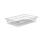 The Novocal PC basket transparent divisible (600 x 40 mm) is a clear, rectangular storage container with a perforated bottom and ribbed sides for ventilation, shown empty on a white background. Includes pull-out stops. Ideal for office storage. Package: 1 piece.
