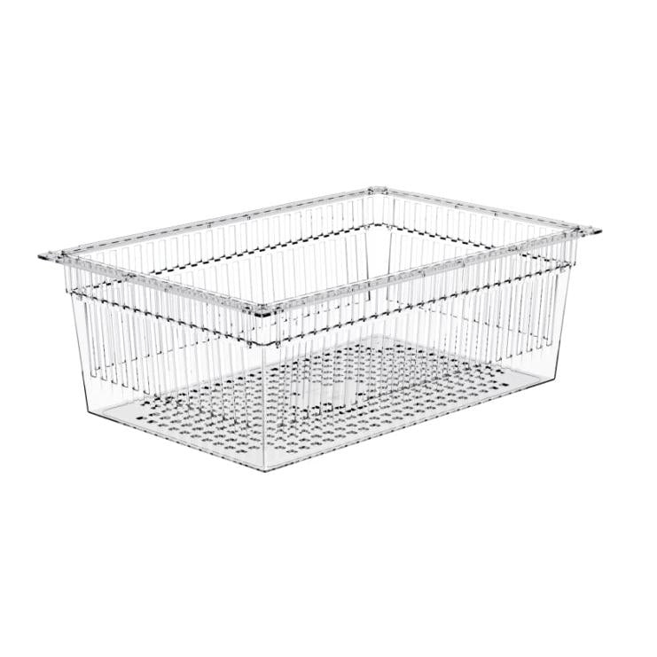 The Novocal PC basket transparent divisible (600 x 40 mm) with perforated bottom and pull-out stops offers optimal ventilation and drainage - ideal for storing PC accessories. 1 piece per package.