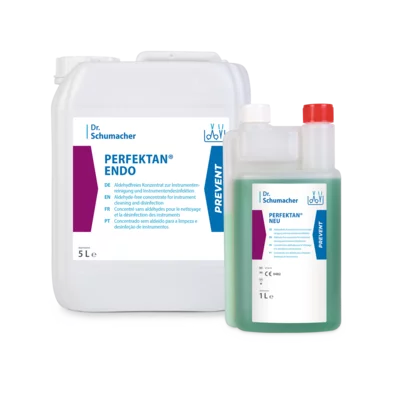 Abgebildet sind zwei Gebinde von Dr. Schumacher PERFEKTAN® NEU der Dr. Schumacher GmbH: ein weißes 5L und ein klares 1L mit grüner Flüssigkeit, ideal für die Flächendesinfektion in hygienischen Bereichen. Beide Etiketten sind in deutscher Sprache.