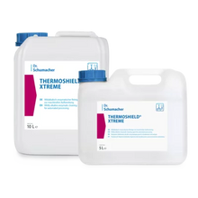 Zwei weiße Kunststoffbehälter von Dr. Schumacher THERMOSHIELD® XTREME by Dr. Schumacher GmbH, ein 10L- und ein 5L-Behälter, sind nebeneinander abgebildet, mit blauen Kappen und Etiketten, die den Produktnamen und Angaben zum Oberflächenschutz enthalten.