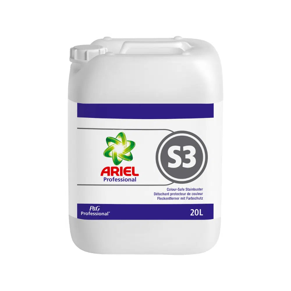 A white 20-liter plastic canister with the label "Dr. Schnell P&G Professional Ariel S3 Stain Remover, color-safe, disinfecting" by DR.SCHNELL GmbH & Co. KGaA offers an effective liquid stain remover that is color-safe and disinfecting.