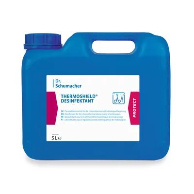 A blue 5-liter plastic canister labeled "Dr. Schumacher THERMOSHIELD DISINFECTANT" (by Dr. Schumacher GmbH) with a handle, screw cap, hygiene symbols, and a red "PROTECT" stripe on the right side for hygienic cleanliness.