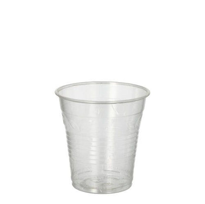 This PAPSTAR 'pure' cold drink cup made of clear PLA plastic with a ribbed design represents an environmentally friendly alternative. The 0.15-liter cup appears empty and is set against a white background.