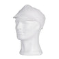 A white AMPri PP cap with a visor (size M, box of 100 pieces) is shown on the head of a mannequin, ideal as a hygiene protection cap in food processing. The cap has a short, rounded brim and is depicted on a white background.