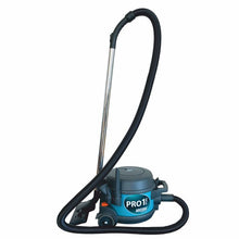 The Arcora Pro1Plus vacuum cleaner professional commercial vacuum cleaner from Arcora International GmbH is a powerful commercial vacuum cleaner with a long black hose, a metal tube, and a dark gray housing with wheels and blue and orange accents.