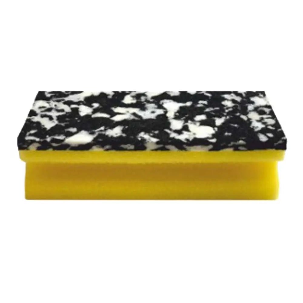 The Arcora PU-PAD SPONGE (150 x 70 x 45 mm) from Arcora International GmbH has a yellow PU foam base and a black and white marbled scrubbing surface; available in packs of 10, depicted on a white background.