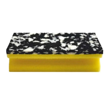 The Arcora PU-PAD SPONGE (150 x 70 x 45 mm) from Arcora International GmbH has a yellow PU foam base and a black and white marbled scrubbing surface; available in packs of 10, depicted on a white background.
