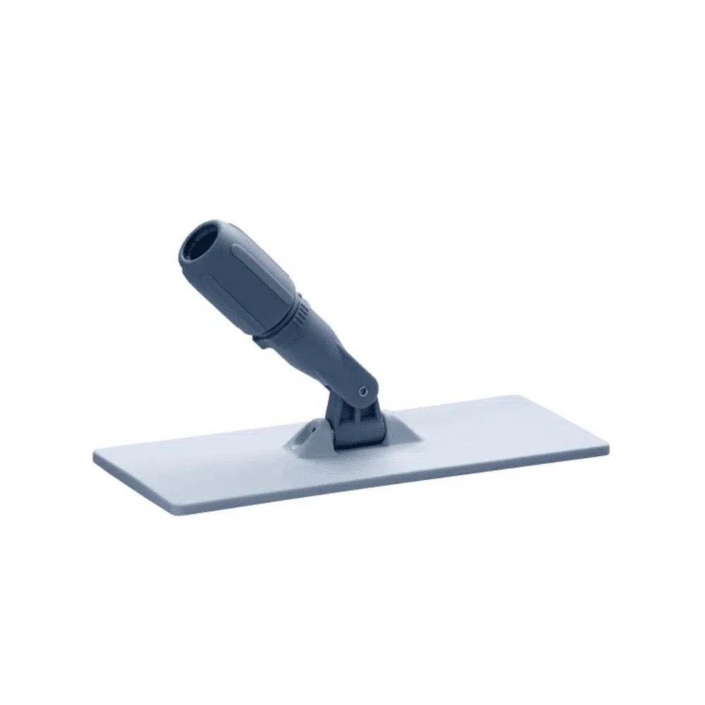 The Vileda pad holder - Padboy and Padmaster is a gray cleaning tool from Vileda GmbH, featuring a flat rectangular base and a swivel handle attachment for connecting a pole. It is perfect for efficient floor care and effortless scrubbing of surfaces, ensuring that every corner shines spotlessly as an indispensable cleaning device.