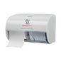 A white Papernet Dual Topa small roll dispenser by Sofidel Germany GmbH is made of antibacterial plastic. It features the brand logo and the words "Defend Tech Technology" on the front, with a roll of toilet paper partially dispensed from the slot.