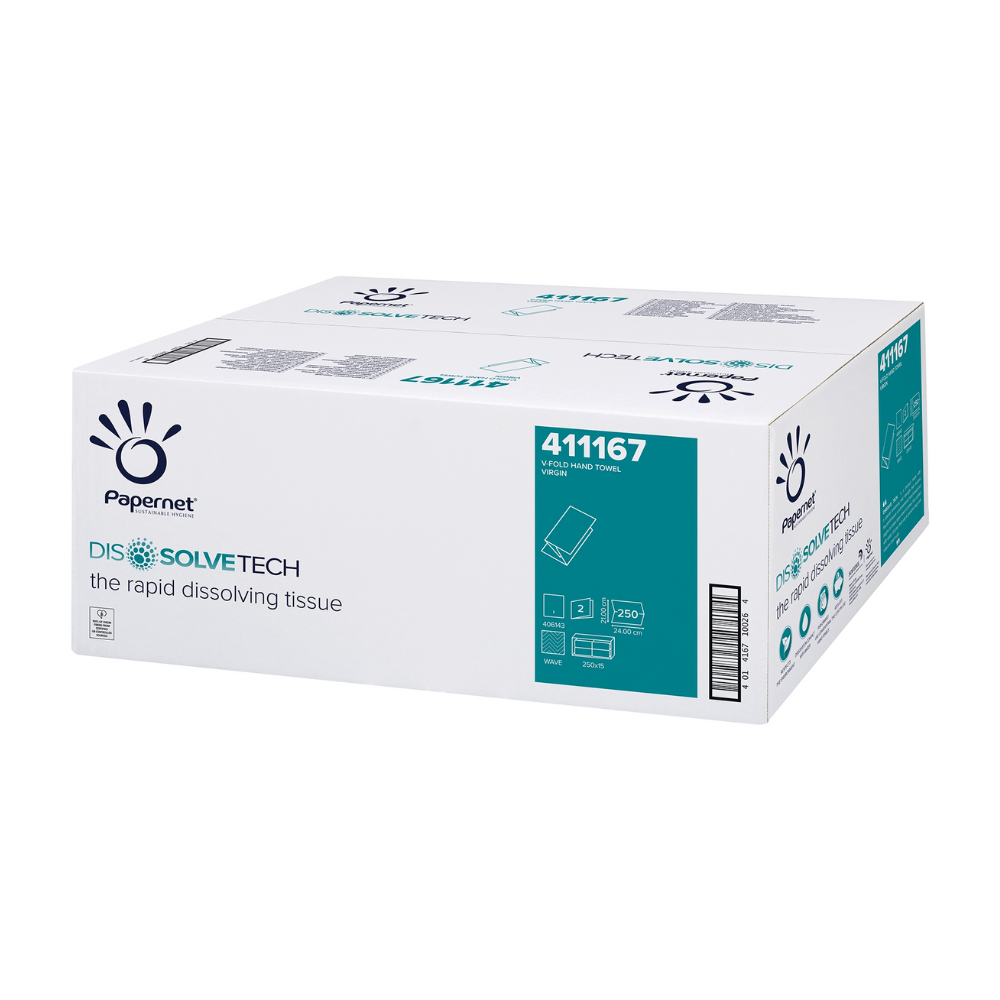 Displayed is a large rectangular box with Papernet folded towels 411167 of Sofidel Germany GmbH. The predominantly white box with blue-green accents shows the logo and product details and indicates that it contains cellulose V-fold, 2-ply folded towels (15 packs).