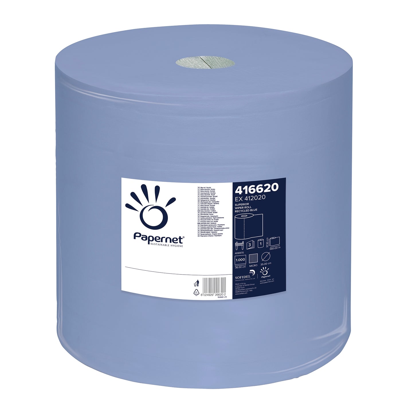 The label prominently features a large blue industrial paper towel roll with the logo of Sofidel Germany GmbH and the product number 416620. The label includes usage instructions for this Papernet industrial paper / blue roll, a 3-ply variant, and recycling symbols.