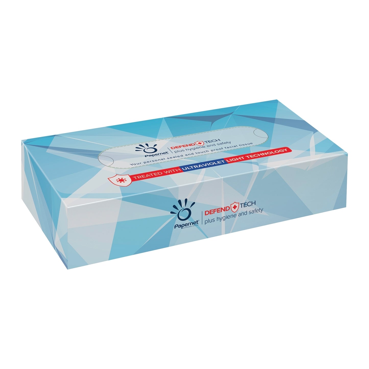 Presented is a rectangular box Papernet facial tissues 415938 with a geometric blue design featuring the inscription "Treated with ultraviolet light technology" and the brand Sofidel Germany GmbH, which ensures quality and innovation in every tissue.