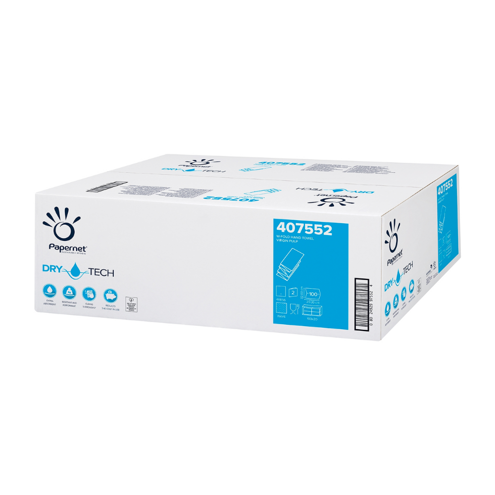 The Papernet paper towels 407552 from Sofidel Germany GmbH with "Dry Tech" and eco-symbols emphasize the sustainability of hand drying solutions. The white box certified with the EU Ecolabel and featuring blue and black symbols contains 2000 2-ply W-fold sheets in 20 packs.