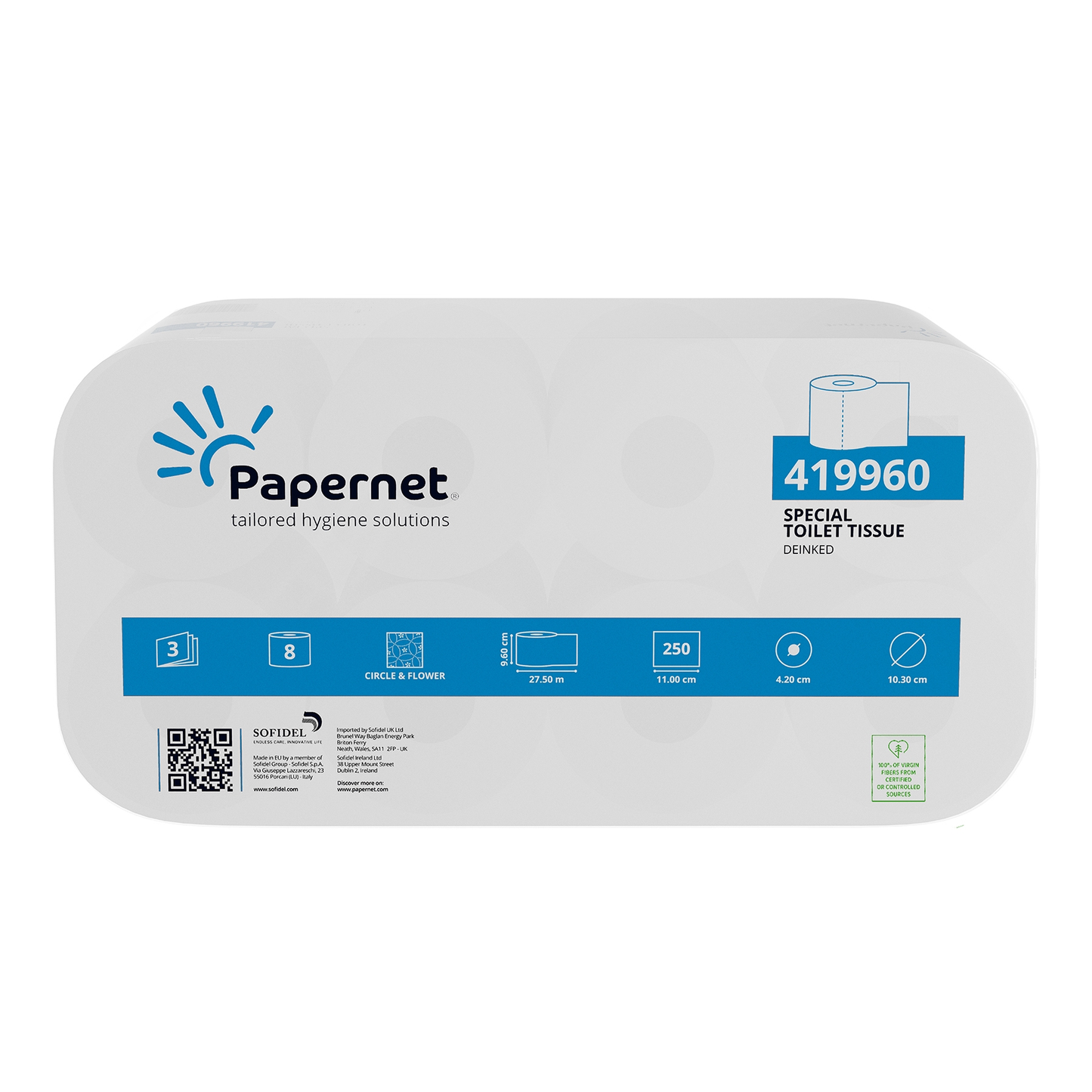 The packaging for Papernet toilet paper 419960, 3-ply | Pack (8 rolls) by Sofidel Germany GmbH is presented with the brand logo and product number. It contains details such as 3-ply, 8 rolls per pack, and 250 sheets per roll. Additionally, it features a QR code and certification symbols indicating the quality as recycled paper (deinked paper).