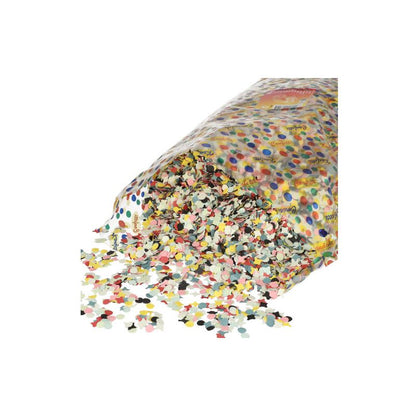 A 1000g bag of PAPSTAR paper confetti, colorful from PAPSTAR GmbH, scatters bright yellow, red, black, white, and blue confetti on a white surface - ideal for parties and festive decorations.