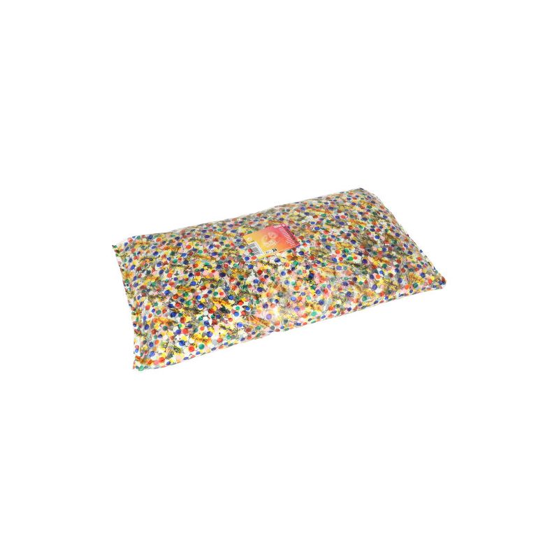 A rectangular cushion with a colorful, confetti-like pattern reminiscent of PAPSTAR paper confetti, colorful (from PAPSTAR GmbH), with a small label in the center. On a white background - ideal for party decoration.