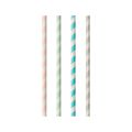 Four PAPSTAR 100 paper straws (Ø 6 mm, from PAPSTAR GmbH) lie side by side. Each straw shows a different pastel stripe pattern: pink, green, blue, or gray with white diagonal stripes.
