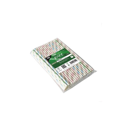 Pictured is a sealed package with 100 PAPSTAR paper straws (Ø 6 mm) from PAPSTAR GmbH with pastel stripes on a white background. The green front label shows product details and eco-friendly symbols.
