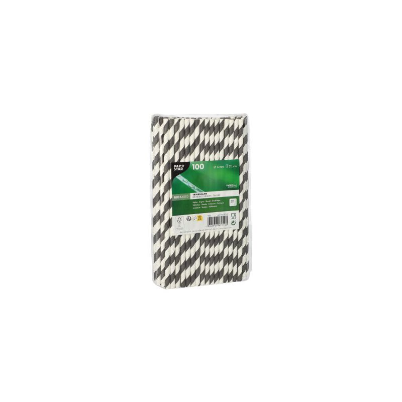 A pack of 100 PAPSTAR GmbH paper straws, Ø 6 mm, stands upright with a green-white label containing product information on the front.