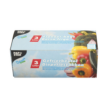 Visible is a box with 75 Starpak freezer bags with a 3-liter capacity made of LLDPE. On the packaging, there are images of various types of vegetables and multilingual texts, including "Freezer bags," "Gefrierbeutel," and "Borsa frigo."