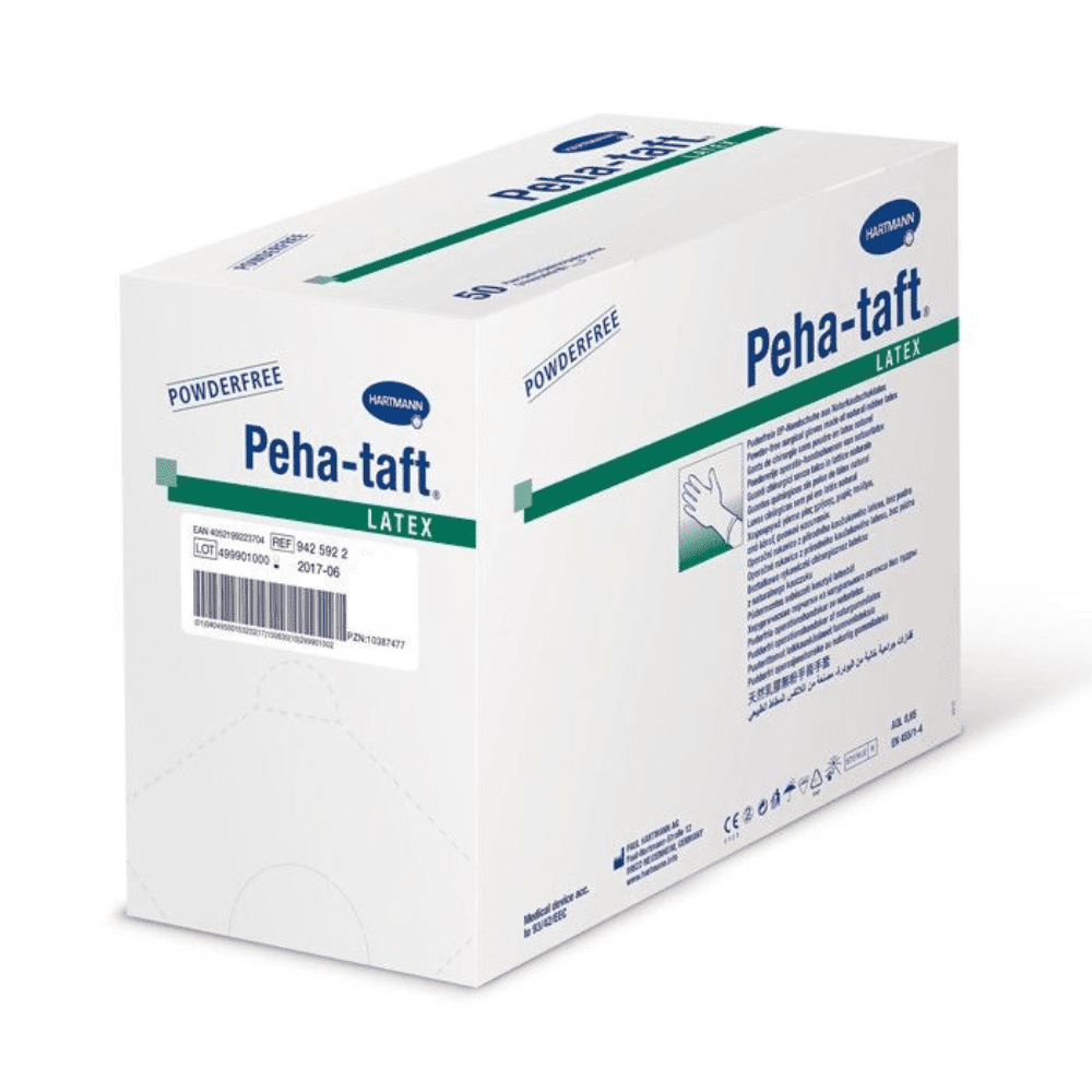 White box with Hartmann Peha-taft® latex disposable surgical gloves, labeled as powder-free. It shows logos, product details, and certification labels of Paul Hartmann AG. A hand symbol on one side indicates the use of gloves.