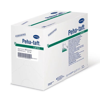 White box with Hartmann Peha-taft® latex disposable surgical gloves, labeled as powder-free. It shows logos, product details, and certification labels of Paul Hartmann AG. A hand symbol on one side indicates the use of gloves.