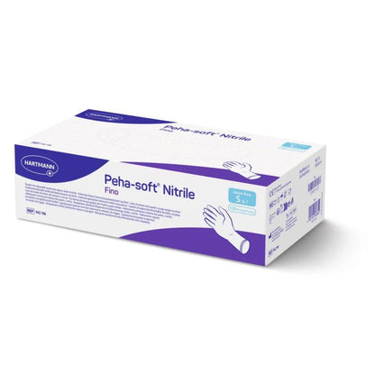 A box of Peha-soft® nitrile fino disposable gloves from Paul Hartmann AG in size S 5-6 features a white-purple design with illustrations and symbols indicating the powder-free and latex-free properties.