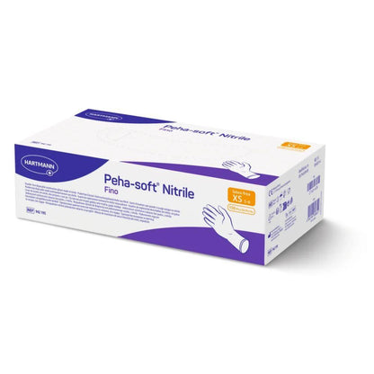 Box with Peha-soft® nitrile fino disposable gloves from Paul Hartmann AG, latex-free and powder-free, with white-purple packaging in sizes XS – S. Contains a hand illustration with glove, barcodes, and product information on the sides.