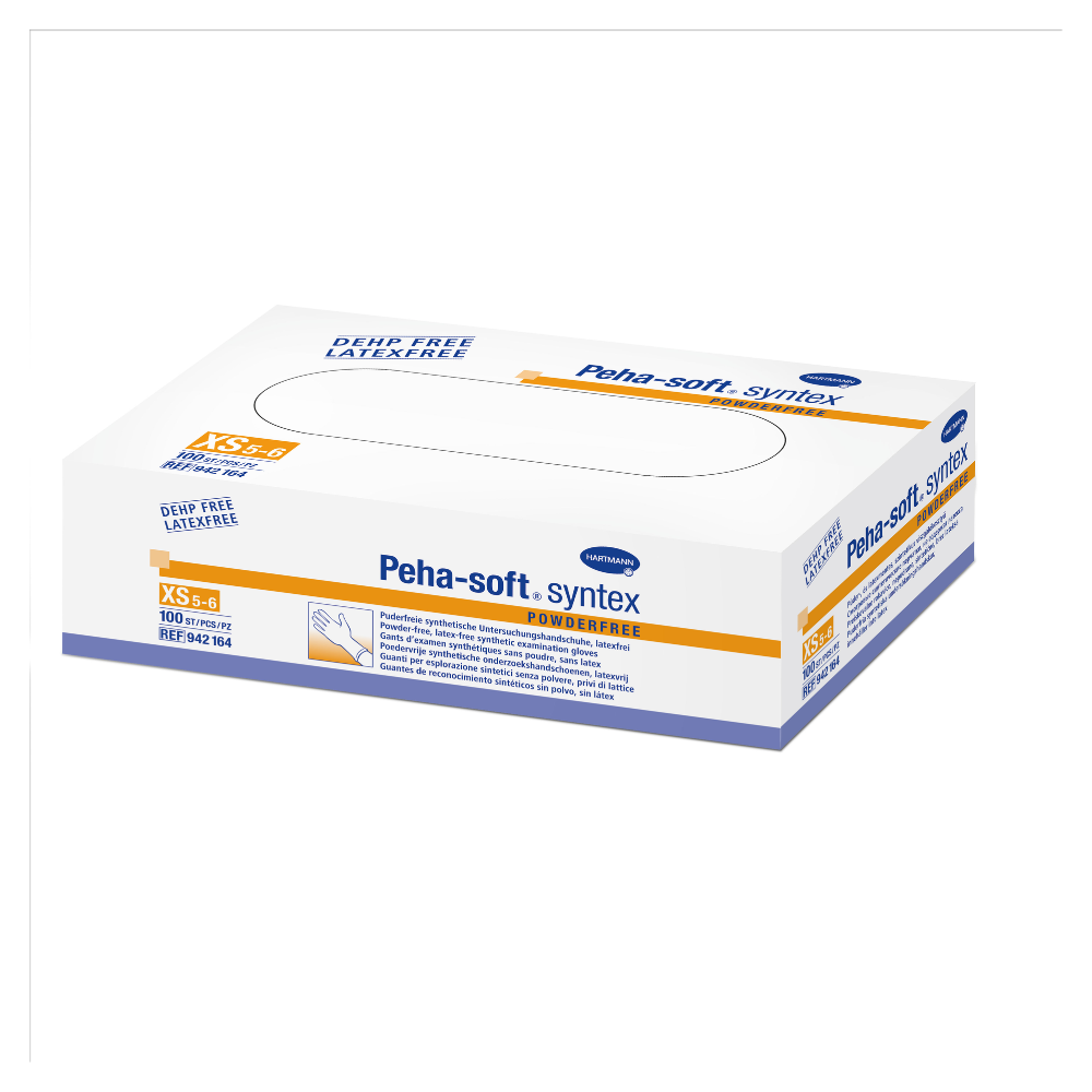 A box of powder-free Peha-soft® syntex vinyl gloves from Paul Hartmann AG with orange and blue text on a white background and information about size, quantity, and product features.
