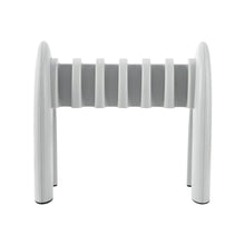 A white pipette holder with 6 positions in modern design by Altruan with multiple rollers between two curved stands on a plain white background and a length of 30 cm.
