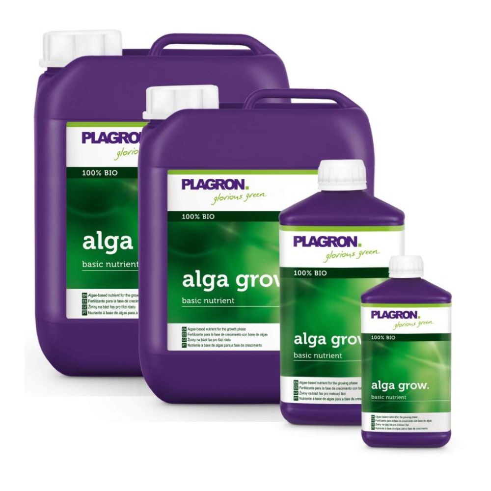 Four containers of Plagron Alga Grow Natural Growth Fertilizer by Bertels B.V. include two large purple jugs and two smaller bottles. Green and white labels show "100% Organic" and emphasize its role as an essential base nutrient for your garden.