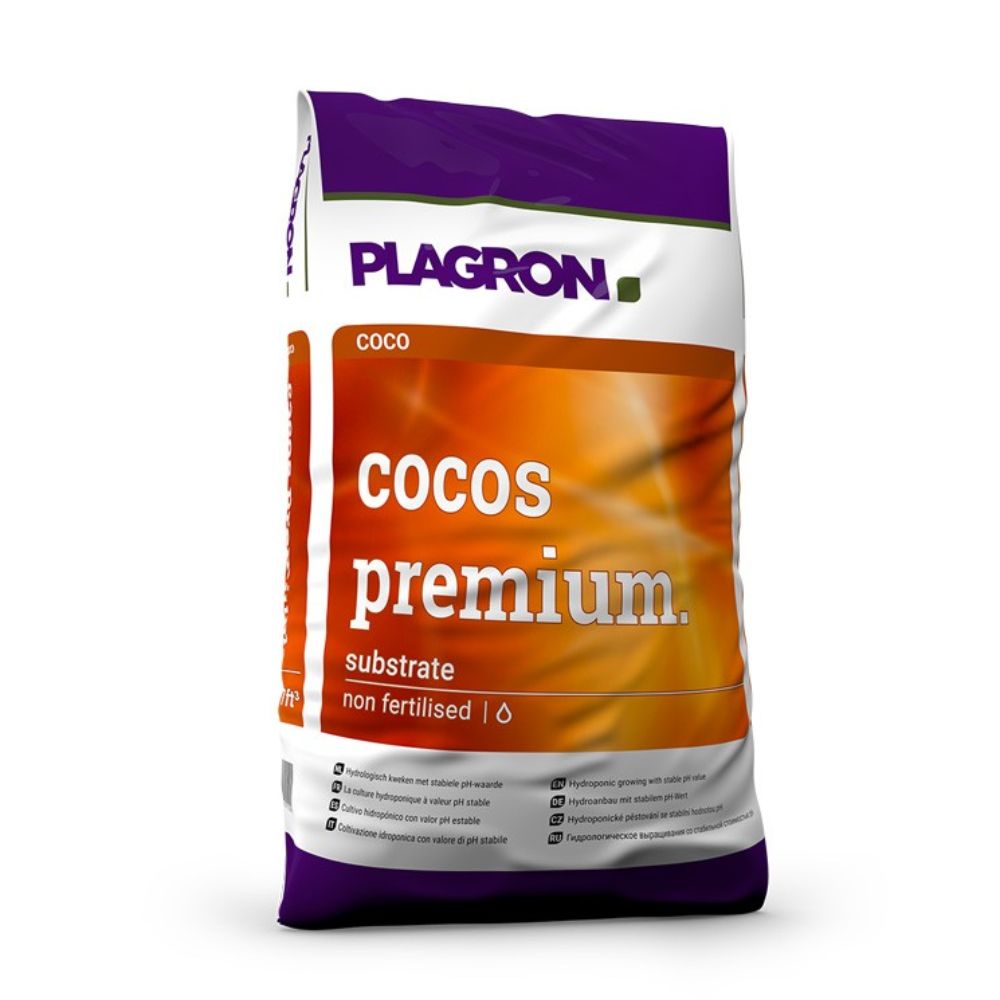 Ein Produktbild eines Plagron Cocos Premium 50L-Beutels von Bertels B.V. zeigt hauptsächlich weiße Verpackungen mit violetten und orangefarbenen Bereichen. Es hebt hervor, dass der Beutel nicht gedüngt wird, ideal für den hydrologischer Anbau ist und enthält verschiedene Symbole und Produktdetails.
