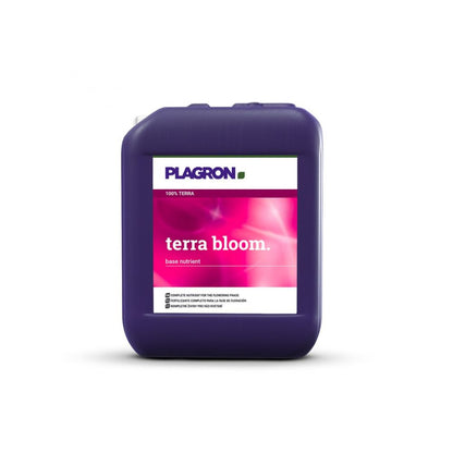 A purple container labeled 'Plagron Terra Bloom' from Bertels B.V. is a flowering fertilizer with a pink-white label, used as a base nutrient to promote optimal flowering for vigorous plant growth.