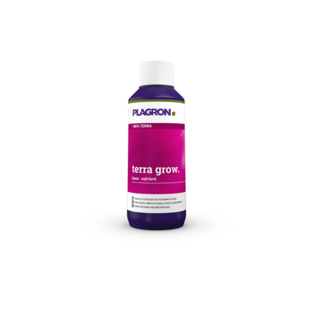 The Plagron Terra Grow from Bertels B.V. is a mineral-based fertilizer for the growth phase that promises faster plant growth. It features a sleek design with a purple label, white and green text, and a white screw cap.
