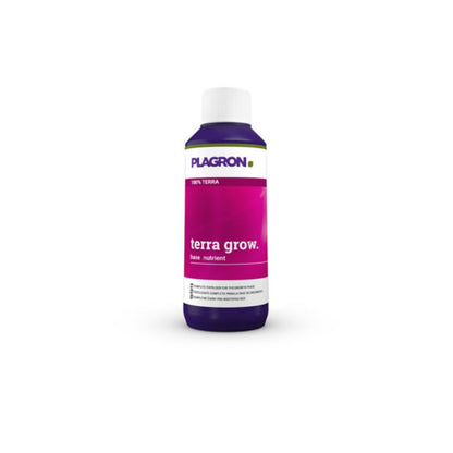 The Plagron Terra Grow from Bertels B.V. is a mineral-based fertilizer for the growth phase that promises faster plant growth. It features a sleek design with a purple label, white and green text, and a white screw cap.