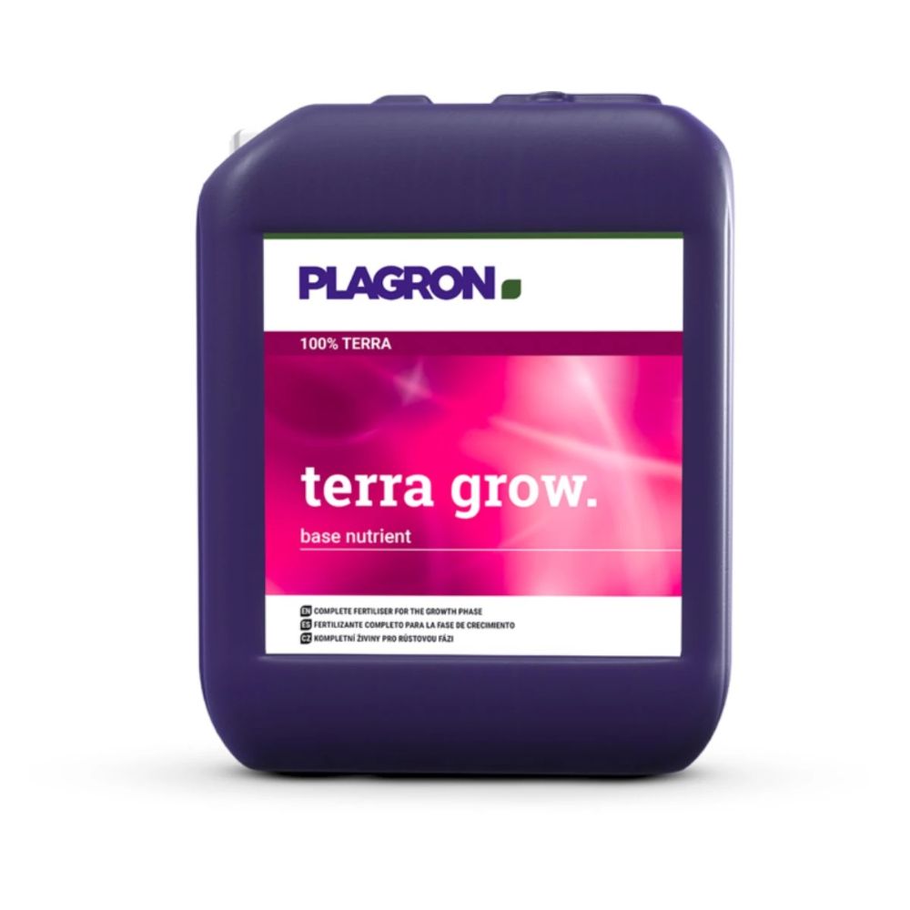 The Plagron Terra Grow from Bertels B.V. is a large, dark purple container for the growth phase with a white label with pink and green accents. It contains instructions in small print at the bottom and has a convenient carrying handle on top.