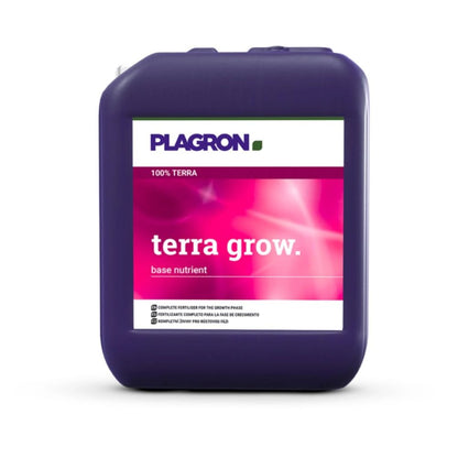 The Plagron Terra Grow from Bertels B.V. is a large, dark purple container for the growth phase with a white label with pink and green accents. It contains instructions in small print at the bottom and has a convenient carrying handle on top.